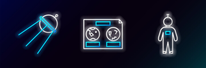 Poster - Set line Astronaut, Satellite and Celestial map of the night sky icon. Glowing neon. Vector