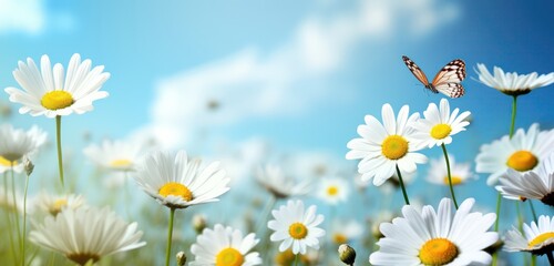 Wall Mural - Field of white cosmos flowers and butterfly in nature in the rays of sunlight, butterfly in morning fog in nature close-up large scale, Beautiful wildflowers