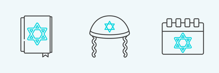 Poster - Set line Jewish calendar, torah book and kippah icon. Vector