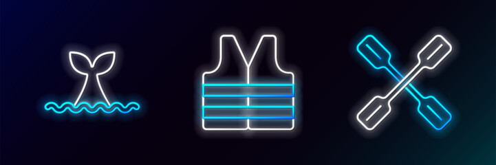 Poster - Set line Paddle, Whale tail in ocean wave and Life jacket icon. Glowing neon. Vector