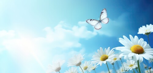 Wall Mural - Field of white cosmos flowers and butterfly in nature in the rays of sunlight, butterfly in morning fog in nature close-up large scale, Beautiful wildflowers