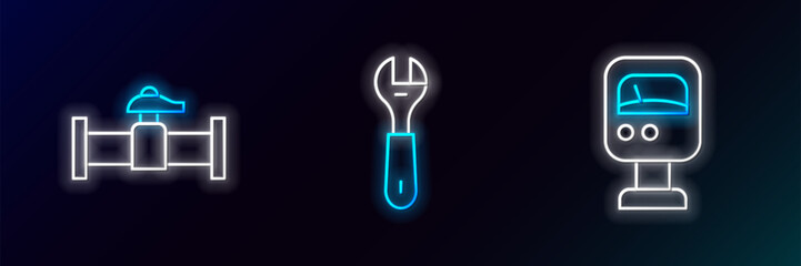 Poster - Set line Pressure water meter, Industry pipe and valve and Wrench spanner icon. Glowing neon. Vector