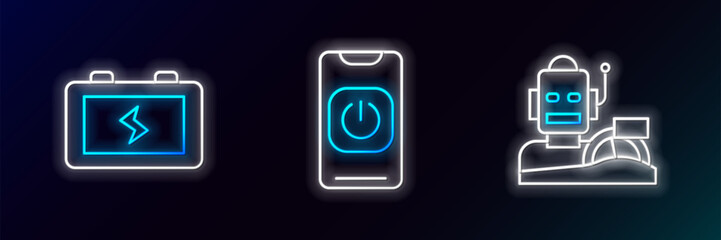 Poster - set line robot humanoid driving a car, battery and turn off robot from phone icon. glowing neon. vec