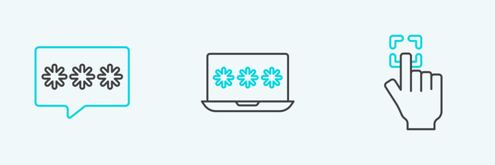 Poster - Set line Fingerprint, Password protection and Laptop with password icon. Vector
