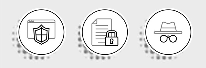 Poster - Set line Incognito mode, Browser with shield and Document and lock icon. Vector