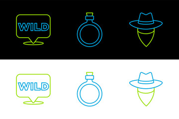 Poster - Set line Cowboy, Pointer to wild west and Canteen water bottle icon. Vector