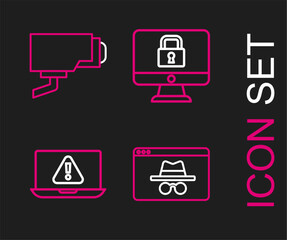 Poster - Set line Browser incognito window, Laptop with exclamation mark, Lock monitor and Security camera icon. Vector