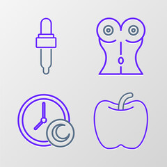 Poster - Set line Apple, Time to sleep, Women waist and Pipette with oil icon. Vector