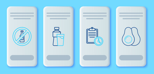 Wall Mural - Set line Bottle of water with glass, Sport training program, No alcohol and Avocado fruit icon. Vector