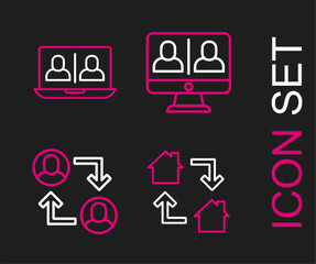 Poster - Set line Online working, Project team base, Video chat conference and icon. Vector