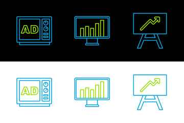 Poster - set line board with graph chart, advertising and monitor icon. vector