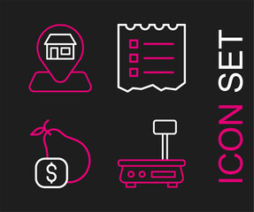 Poster - Set line Electronic scales, Price tag for pear, Shopping list and Location Market store icon. Vector