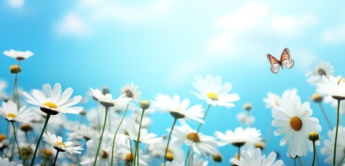 Wall Mural - white cosmos flowers and butterfly in nature in the rays of sunlight, butterfly in morning fog in nature close-up large scale