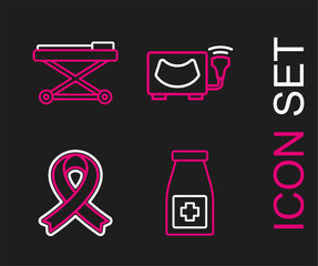 Canvas Print - Set line Medicine bottle and pills, Awareness ribbon, Ultrasound and Stretcher icon. Vector