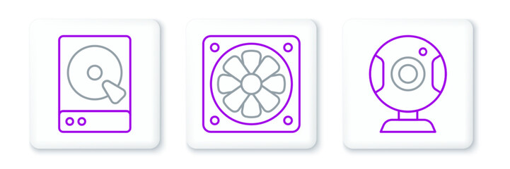 Poster - Set line Web camera, Hard disk drive HDD and Computer cooler icon. Vector