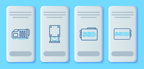 Poster - Set line Optical disc drive, SSD card, Video graphic and SSHD icon. Vector