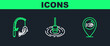 Set line Location fishing, Fishing rod and and float water icon. Vector