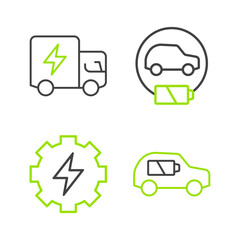 Canvas Print - Set line Electric car, Gear and lightning, and truck icon. Vector