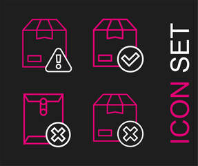 Poster - Set line Carton cardboard box, Delete envelope, ackage with check mark and Delivery security shield icon. Vector