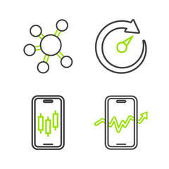 Poster - Set line Mobile stock trading, Digital speed meter and Project team base icon. Vector
