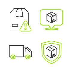 Poster - Set line Delivery security with shield, cargo truck, Location cardboard box and icon. Vector