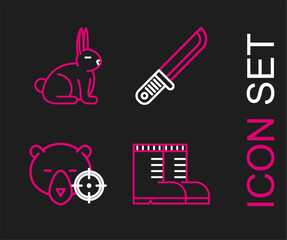 Sticker - Set line Hunter boots, on bear with crosshairs, knife and Rabbit icon. Vector