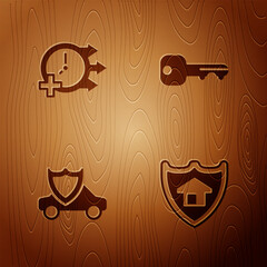 Poster - Set House with shield, Clock, Car and key on wooden background. Vector