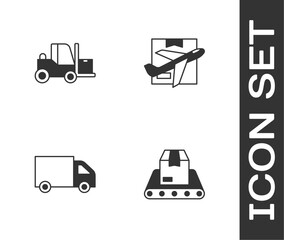 Poster - Set Conveyor belt with box, Forklift truck, Delivery cargo and Plane and cardboard icon. Vector