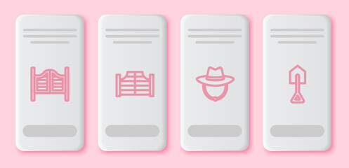 Sticker - Set line Saloon door, , Western cowboy hat and Shovel. White rectangle button. Vector