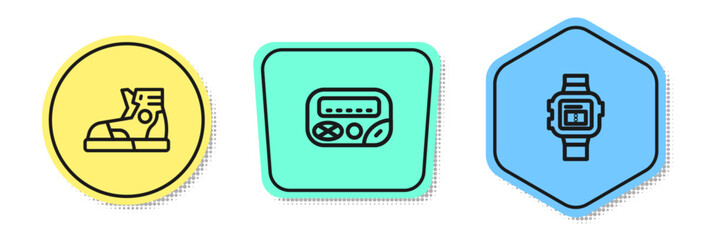 Poster - Set line Sport sneakers, Pager and Wrist watch. Colored shapes. Vector