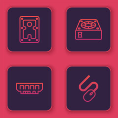 Poster - Set line Hard disk drive HDD, RAM, random access memory, Computer cooler and mouse. Blue square button. Vector