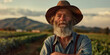 A content farmer standing in a field with a mountain backdrop, embodying the traditional agricultural lifestyle