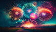 Abstract vibrant colors firework and night landscape background. Celebration and anniversary concept