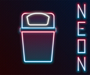 Poster - Glowing neon line Trash can icon isolated on black background. Garbage bin sign. Recycle basket icon. Office trash icon. Colorful outline concept. Vector