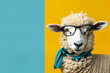 sheep wearing glasses and a scarf is the main focus. sheep's appearance is whimsical and playful, with the glasses and scarf adding a touch of humor. Funny sheep with cool glasses with colored tie.