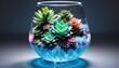 A translucent acrylic vase filled with liquid crystals, showcasing an assortment of genetically engineered glow-in-the-dark succulents.