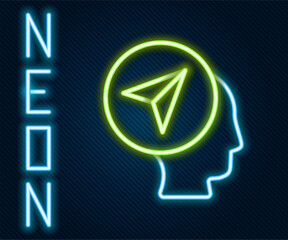 Poster - Glowing neon line Map marker with a silhouette of a person icon isolated on black background. GPS location symbol. Colorful outline concept. Vector
