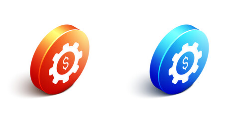 Poster - Isometric Gear with dollar symbol icon isolated on white background. Business and finance conceptual icon. Orange and blue circle button. Vector