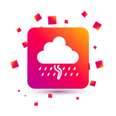 Poster - White Cloud with rain and lightning icon isolated on white background. Rain cloud precipitation with rain drops.Weather icon of storm. Square color button. Vector