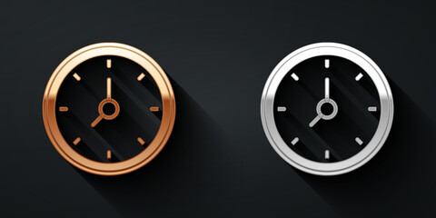 Poster - Gold and silver Clock icon isolated on black background. Time symbol. Long shadow style. Vector