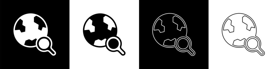 Poster - Set Magnifying glass with globe icon isolated on black and white background. Analyzing the world. Global search sign. Vector
