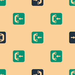 Poster - Green and black Incoming call phone icon isolated seamless pattern on beige background. Phone sign. Telephone handset. Vector