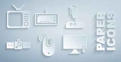 Poster - Set Wireless computer mouse, Joystick for arcade machine, Smartwatch, Tv, Keyboard and Retro tv icon. Vector