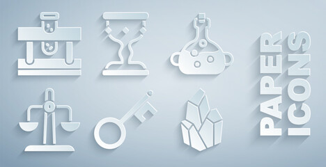 Wall Mural - Set Old key, Poison in bottle, Libra zodiac, Magic stone, Medieval goblet and Bottle with potion icon. Vector