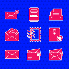 Poster - Set Postal stamp, Envelope, setting, Outgoing mail, Drawer with document and icon. Vector