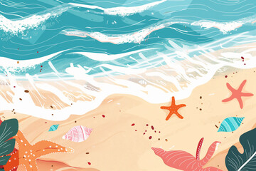 Whimsical beach illustration with jumping fish, starfish, shells, and waves in teal and orange hues.