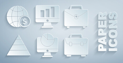 Poster - set computer monitor with graph chart, briefcase, pyramid infographics, monitor and earth globe doll