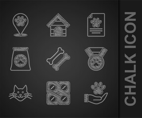 Wall Mural - Set Dog bone, pill, Hands with animals footprint, Pet award symbol, Cat, Bag of food for pet, Medical clinical record and Location veterinary hospital icon. Vector