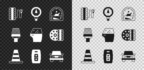 Poster - Set Tire pressure gauge, Motor gas, Traffic cone, Car key with remote, air filter and door icon. Vector
