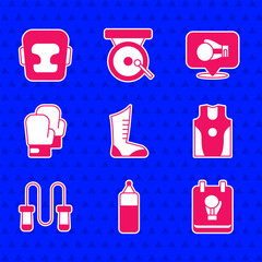 Wall Mural - Set Sport boxing shoes, Punching bag, Boxing glove, jersey and t-shirt, Jump rope, and helmet icon. Vector